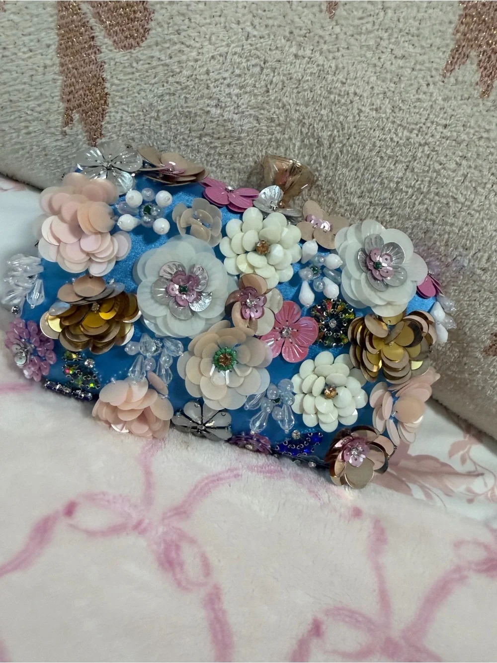 bebe Blue Floral Appliqué Evening Clutch